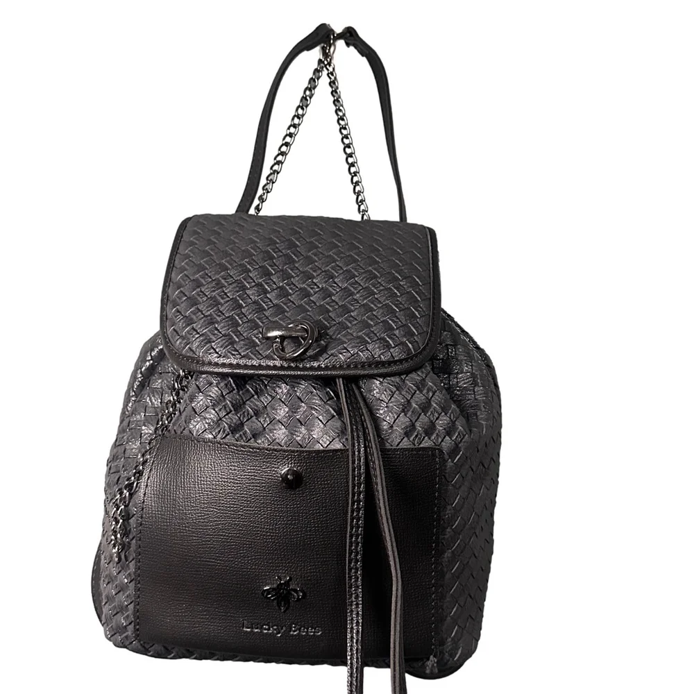 Lucky Bees Black Woven Vegan Leather with Metal Shoulder Strap Detail